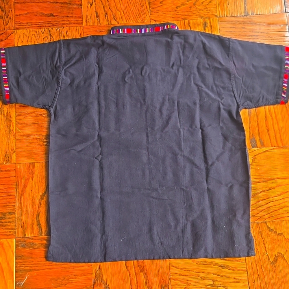 Men’s Guatemalan Woven Artisan Shirt Black Embroidered Boho Top XL - Picture 3 of 12
